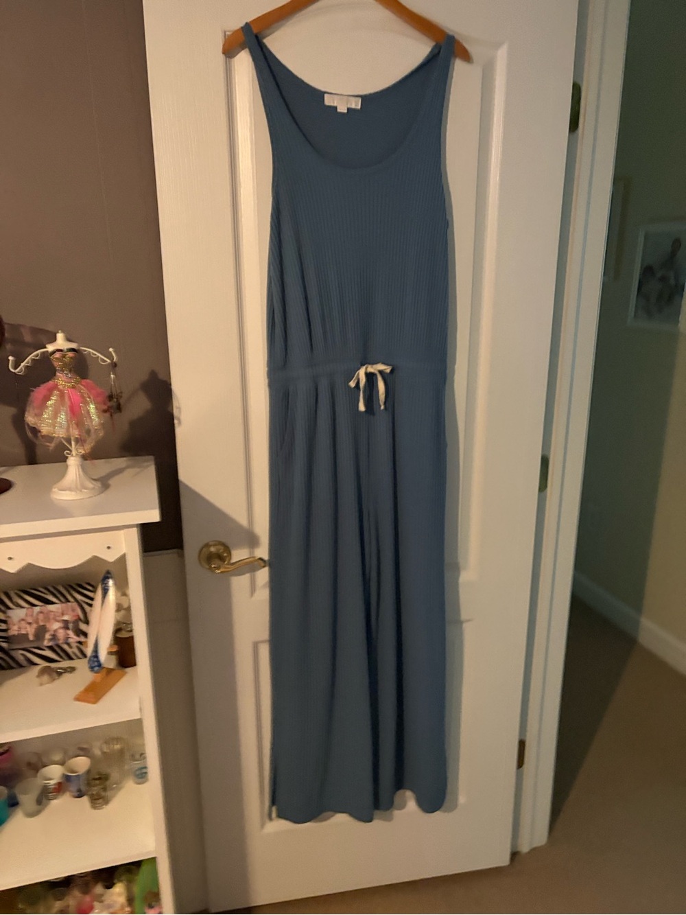 Sleeveless Ribbed Blue Maxi Dress with Drawstring Waist